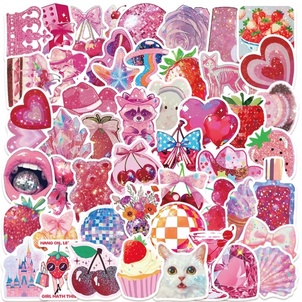 50-Piece Pink Aesthetic Sticker Set | Sparkly Glossy Vinyl | Cherries, Disco 🍒